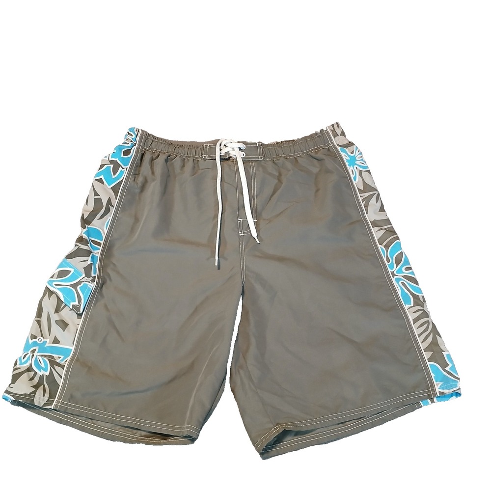 OP Swim Trunks‎ Men's Size XL Gray Blue Floral Hibiscus Lined Board Shorts